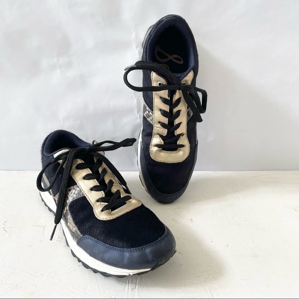 Sam Edelman Womens Dax Trainer Sneakers Calf Hair Gold Black Snake Shoes 10.5M